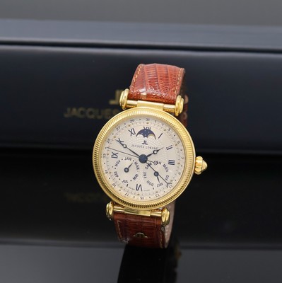 JACQUES LEMANS Herrenarmbanduhr mit Vollkalender Referenz 776, Automatik, Schweiz um 2002, beids. vergl., verg. Gehäuse, silb. guill. Zifferbl. m. ...