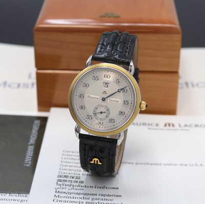 MAURICE LACROIX Masterpiece Heure Sautante Herrenarmbanduhr Referenz 28505, Schweiz um 2000, Handaufzug, beids. vergl. Edelstahlgeh., guill. ...