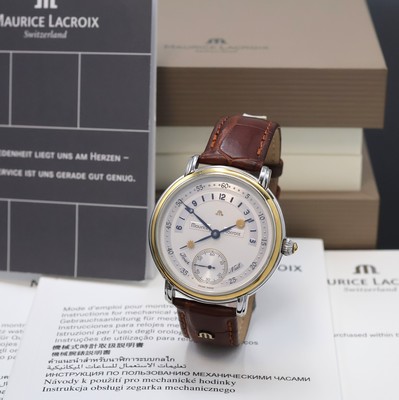 MAURICE LACROIX Herrenarmbanduhr Jour et Nuit Referenz 07769, Handaufzug, beids. vergl. Edelstahlgeh., Boden aufgedr., Maurice Lacroix Lederband m. ...