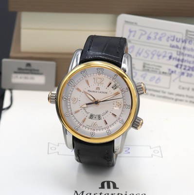 MAURICE LACROIX Armbandwecker aus der Masterpiece Serie Modell Reveil Globe Referenz MP6388, Automatik, beids. vergl. Edelstahlgeh. inkl. orig. ...