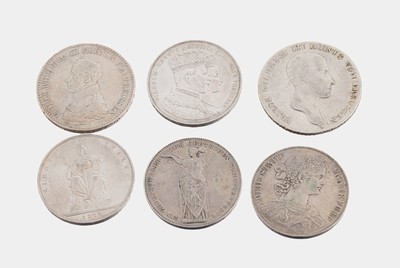 Konvolut 6 Silbermünzen, Deutsches Reich, 1x Reichsthaler 1814 Friedrich Wilhelm III., 1 x 1 Thaler 1818 Friedrich Wilhelm III., 1 x Freie Stadt ...