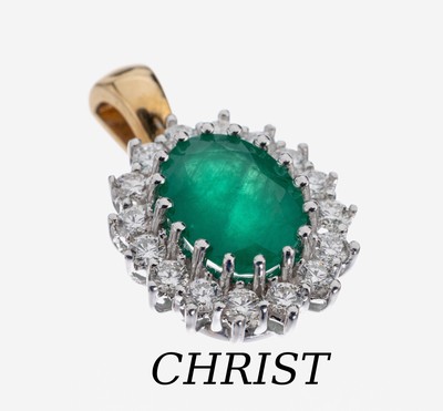 14 kt Gold CHRIST Smaragd-Brillant-Anhänger, WG/GG 585/000, mittig ovalfacett. Smaragd ca. 1.50 ct, 16 Brillanten zus. ca. 1.0 ct feines ...