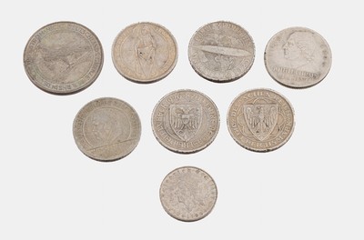 Konvolut 8 Silbermünzen, Deutsches Reich, 1x 2 Mark 1934 Friedrich Schiller, 6 x 3 Mark: 1 x 1926 Lübeck, 1 x 1928 Gründungsfeier Naumburg, 1 x ...