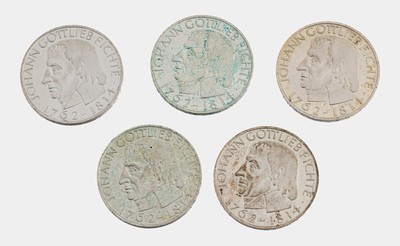 Konvolut 5 x 5 Mark Silbermünzen, Deutschland 1964 Johann Gottlieb Fichte, versch. EHZ