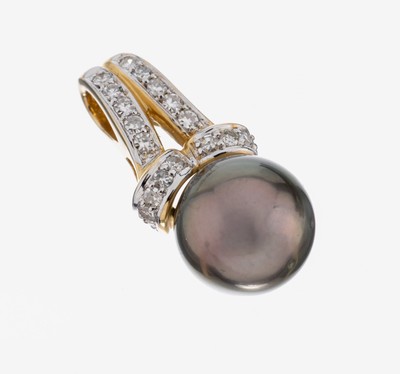 14 kt Gold Perl-Diamant-Anhänger, GG 585/000, graue Tahitizuchtperle, D. ca. 9.2 mm, 20 8/8-Diamanten zus. ca. 0.20 ct feines Weiß-Weiß/vs-si, ...