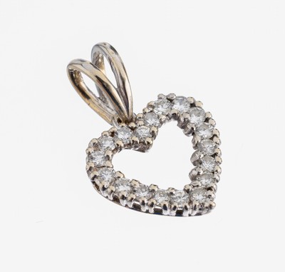 18 kt Gold Brillant-Herzanhänger, WG 750/000, 18 Brillanten zus. ca. 0.36 ct Weiß/si, ca. 1.8 g