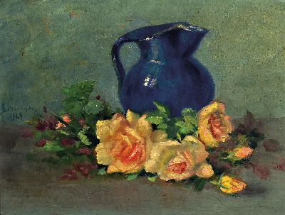 Luise Amalie Johanna Mommsen, geb. 1859 Oldenburg, Stillleben mit Rosen und Krug, Öl/Malkarton, li. signiert und dat. 1929, ca. 30 x 40 cm