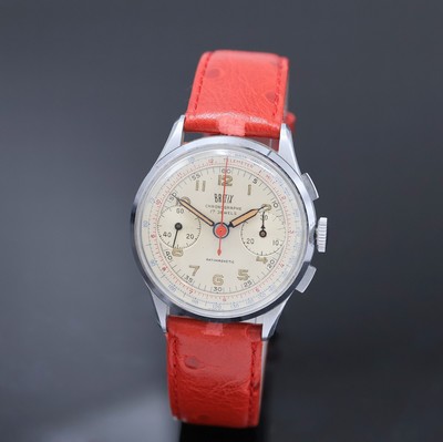 BRITIX Antimagnetic verchromte Herrenarmbanduhr mit Chronograph, Handaufzug Schweiz um 1950, Glasrand und Edelstahlboden aufgedr., silb. Zifferbl. ...