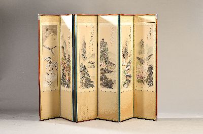 Paravent, China, 60er Jahre, Aquarell- Darstellungen in verschiedenen Jahreszeiten, ca. 168 x 356 cm, l. stockfleckig, EZ 2-3