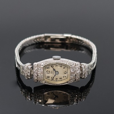 IWC seltene diamantbesetzte Art-Deco Platin Damenarmbanduhr, Schweiz um 1928, Handaufzug, tonneau-förm. Scharniergeh., später anges. WG 750/000 ...