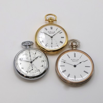 TISSOT 3 Taschenuhren, 1 x mit Chronograph, Schweiz um 1980, 1) Schaltradchronograph, beids. vergl. Geh., verchr., weißes Zifferbl., schwarze ...