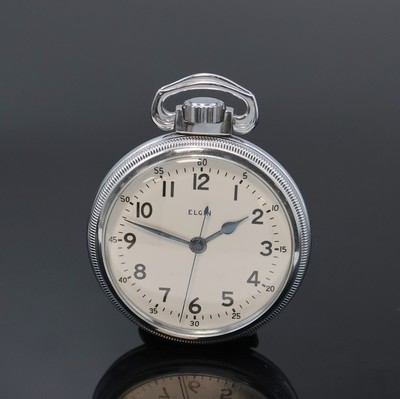 ELGIN Militärtaschenuhr der Royal Navy, USA um 1942, verchr., beids. verschr. Geh., rücks. Militär-Grav., Emailzifferbl., arab. Zahlen, gebl. ...