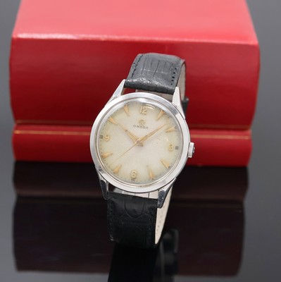 OMEGA Armbanduhr Referenz 2608-2 in Stahl, Schweiz um 1951, Handaufzug, 3-tlg. Geh., Boden u. Glasrand aufgedr., orig. Krone, silb. Honey-Comb ...