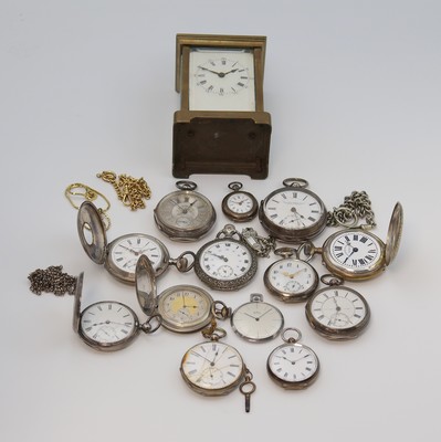 Konvolut: 13 Taschenuhren und eine Reiseuhr,England/Schweiz um 1860-1960, Schlüssel-/ Kronenaufzug, 10x Silbergeh. davon 4 englische in ...