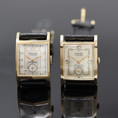 GRUEN Curvex Precision 2 Armbanduhren 10k Goldfilled, USA um 1945, Handaufzug, Böden aufgedr., silb. Zifferblätter teils rest., arab. Zahlen u. ...