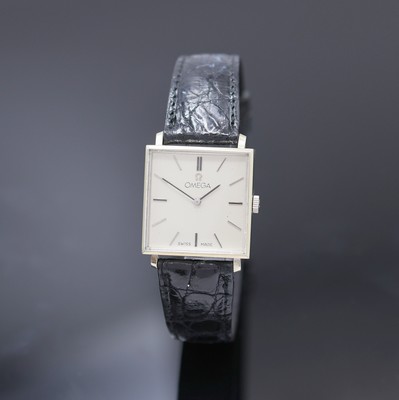 OMEGA Armbanduhr in WG 585/000, Schweiz f. den amerikanischen Markt um 1968, Handaufzug, Boden aufgedr., silb. Zifferbl. rest., aufges. Std.-Ind., ...