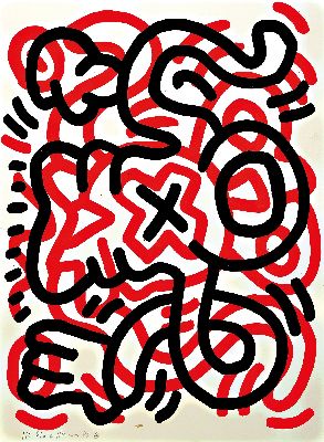 Keith Haring, 1958-1990, Lithografie, Blatt 3 aus der Serie "Ludo", 1985, Ed. hors de commerce II/XV, handsigniert und datiert, unter rotem ...