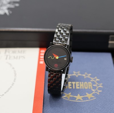 ALAIN SILBERSTEIN Mikro limitierte Damenarmbanduhr in Stahl, Schweiz lt. orig. Papier verk. 1995, Automatik, geschwärztes, beids. vergl. Geh. am ...