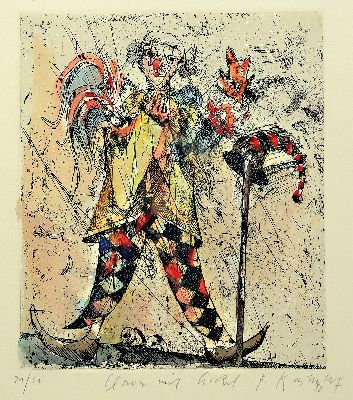 Bernd Kastenholz, geb. 1949 Speyer, 2 Farbradierungen: Dorfsturz, sign. und num. 13/70, ca. 19x16cm, Clown mit Gockel, sign. und num. 21/60, ca. ...