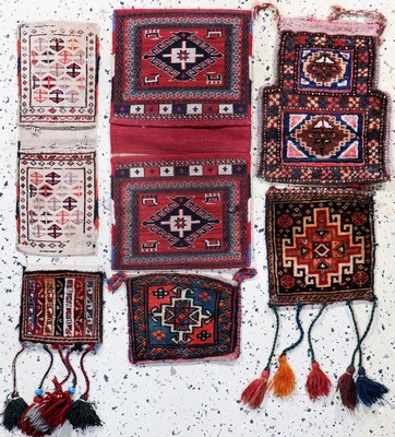 Konvolut aus 6 Taschen, Persien, Anfang 20.Jhd, Wolle auf Wolle, Sumakh-Tasche ca. 57 x 30 cm, EHZ: 2