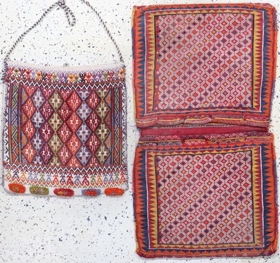 2 Sumakh Taschen, Türkei, Mitte 20.Jhd, Wolle auf Wolle, ca. 105 x 58 cm & ca. 54 x 50 cm, EHZ: 2