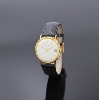BLANCPAIN Armbanduhr in GG 750/000, Schweiz um 1970, Automatik, Monocoque-Geh., silb. Zifferbl. m. aufges. gold. Std.-Ind., gold. Zeiger, Datum b. 3, ...