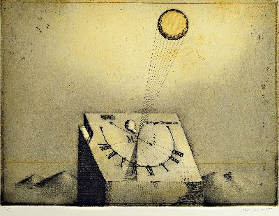 Friedrich Meckseper, 1936 Bremen-2019 Berlin, Sanduhr, Farbradierung, sign. und dat. 65, num. 61/300, ca. 29x39cm, u.Gl., R. ca. 42x56 cm