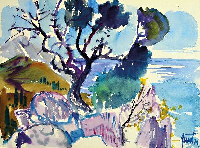 Georg Günther Zeuner, 1923 Dresden-2011 Speyer, Südliche Küstenlandschaft, Aquarell auf Papier, sign. und dat. 74, ca. 35x47cm, PP, u.Gl., R. ca. ...