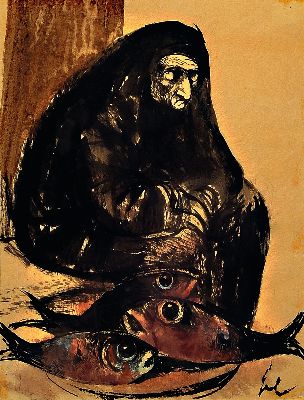 Hanna Nagel, 1907-1975 Heidelberg, Die blinde Fischverkäuferin, lavierte Tuschezeichnugn und Aquarell auf Papier, rechts unten sign., unterhalb der ...