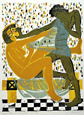 Heinz Friedrich, 1924-2018 Schwetzingen, Bibelgeschichten, Mappe m. 6 Farbholzschnitten, alle handsign, dat. 78 und num. 46/100, Titel: Adam und Eva, ...