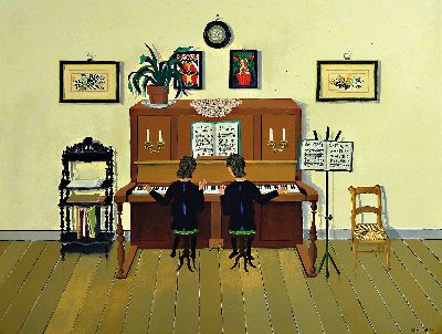 Micheline Evrad Boyadijan, 1923-2019 Brügge,Die Klavierspieler, les blancs et les noirs, Farbserigraphie, signiert und dat. 66, ca. 44x58cm, u.Gl., ...