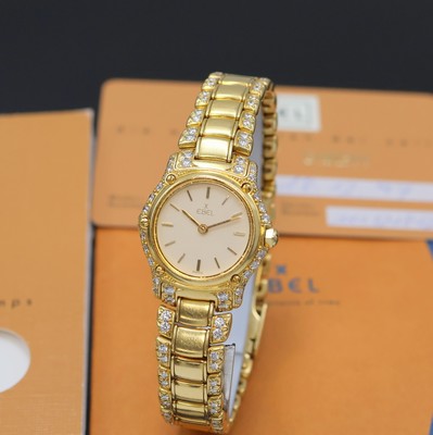 EBEL 1911 diamantbesetzte Damenarmbanduhr in GG 750/000, Schweiz lt. beiliegenden orig. Papieren verk. 1997, quarz, 2-tlg. Geh., 5- fach über ...