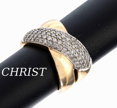 14 kt Gold CHRIST Brillant-Ring, GG/WG 585/000, gekreuzte Ringschiene, 80 Brillanten zus. ca. 0.80 ct Weiß/si-p, RW 56, ca. 14 g, sign.