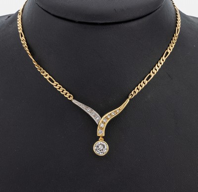 14 kt Gold Brillant-Collier, GG/WG 585/000,Mittelteil mit abgehängtem Brillant ca. 1.05 ct feines Weiß-Weiß/vs2, 10 weitere Brillantenzus. ca. ...