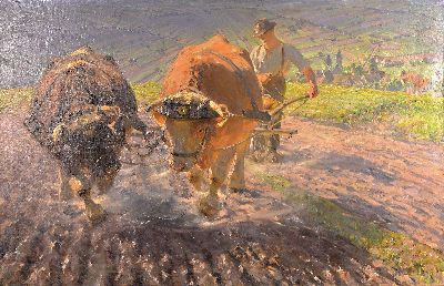 Max Bergmann, 1884 Fürstenberg-1955 Haimhausen, Bauer mit Ochsengespann beim Pflügen, Öl/Lwd, rechts unten signiert, ca. 130x200cm, ...