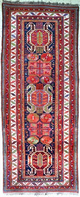 Lenkoran Kazak antik, Kaukasus, um 1900, Wolle auf Wolle, ca. 302 x 125 cm, EHZ: 2, (restauriert)