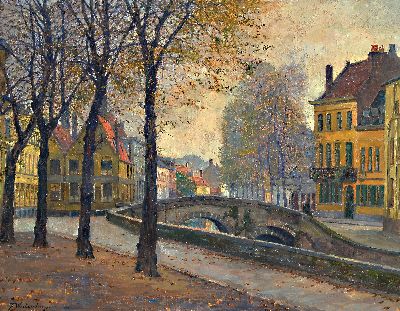 Fritz Westendorp, 1867 Köln-1926 München, An der Gracht, flämisches Stadtmotiv, Öl/ Lwd/Hartfaser, links unten signiert, ca. 62x80cm, R. ca. ...