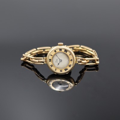 EDWARD Glasgow frühe Damenarmbanduhr in RoseG 625/000, Schweiz f. England um 1915, Handaufzug, Scharniergeh., Lünette m. schwarz emaill. röm. ...
