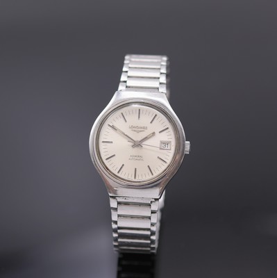LONGINES Admiral Herrenarmbanduhr in Stahl, Schweiz um 1975, Automatik, verschr. Geh. am orig. Stahlband, orig. Krone, silb. Zifferbl., silb. Indizes ...