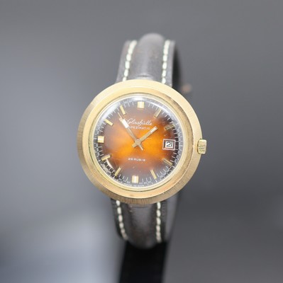 GLASHÜTTE Spezimatic Herrenarmbanduhr im 1970er Jahre Design, DDR um 1975, Automatik, verg. Geh. m. aufgedr. Stahlboden, ausgefallenes braunes ...