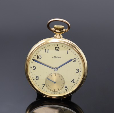ALPINA offene Herrentaschenuhr in GG 585/000, Schweiz um 1930, glattes Geh., Monogramm auf dem Rückdeckel u. Widmungsgrav. auf der Metallcuvette, ...
