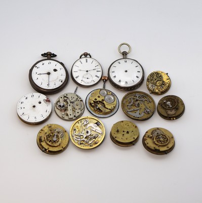 Konvolut 3 Silber-Taschenuhren und 10 Taschenuhrwerke u.a. mit Repetition, um 1800 - 1910, Kronen-/Schlüsselaufzug, alle Werke def., f. ...