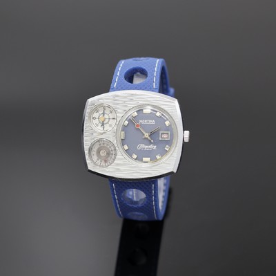 MORTIMA Meyerling Armbanduhr mit Kompass und Thermometer, Schweiz um 1970, Handaufzug, verchromtes Geh., Stahlboden verschr., neutr. Kautschukband m. ...