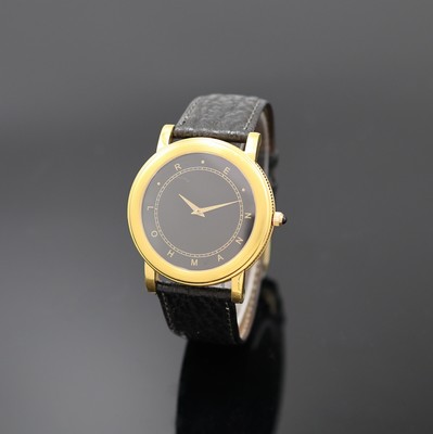 LOHMANN Armbanduhr in GG 585/000, Schweiz/ Deutschland um 2000, Automatik, beids. vergl. Geh. m. geripptem Rand, Boden 6-fach verschr., schwarzes ...
