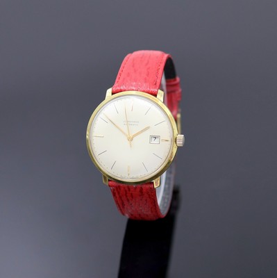 JUNGHANS Automatic Kaliber 83E Armbanduhr im vergoldeten Gehäuse, Deutschland um 1960, 2 -tlg. Geh. m. aufgedr. Stahlboden, schlichtes, silb. ...