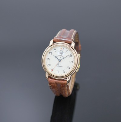 MAURICE LACROIX Armbandwecker im vergoldeten Gehäuse, Schweiz um 1990, Automatik, beids. vergl., rotverg. Geh., Boden aufgedr., translucid lack. ...