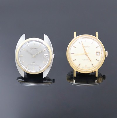 LONGINES 2 Automatikarmbanduhren in Stahl/ vergoldet, Schweiz um 1970, 1) Admiral, verg., verschr. Glasboden in Stahl später, silb. Zifferbl., gold. ...