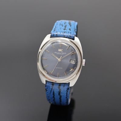 IWC Kaliber 8541B Herrenarmbanduhr in Stahl, Schweiz um 1970, Automatik, tonneauförm. Geh., aufgedr. Glasboden später, orig. Krone, blaues ...