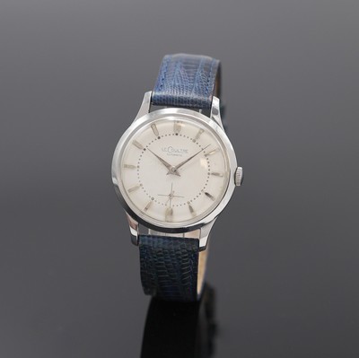 LeCoultre Armbanduhr in Stahl Referenz E 326, Schweiz um 1950, Hammerautomatik, 2-tlg. Geh., Boden verschr., silb. Zifferbl. pat., silb. Indizes u. ...