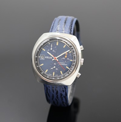 KELEK TBD Automatic Herrenchronograph in Stahl, Schweiz um 1975, 2-tlg. Geh., Boden verschr., blaues Zifferbl., äußere schwarze Tachymeterskala, ...